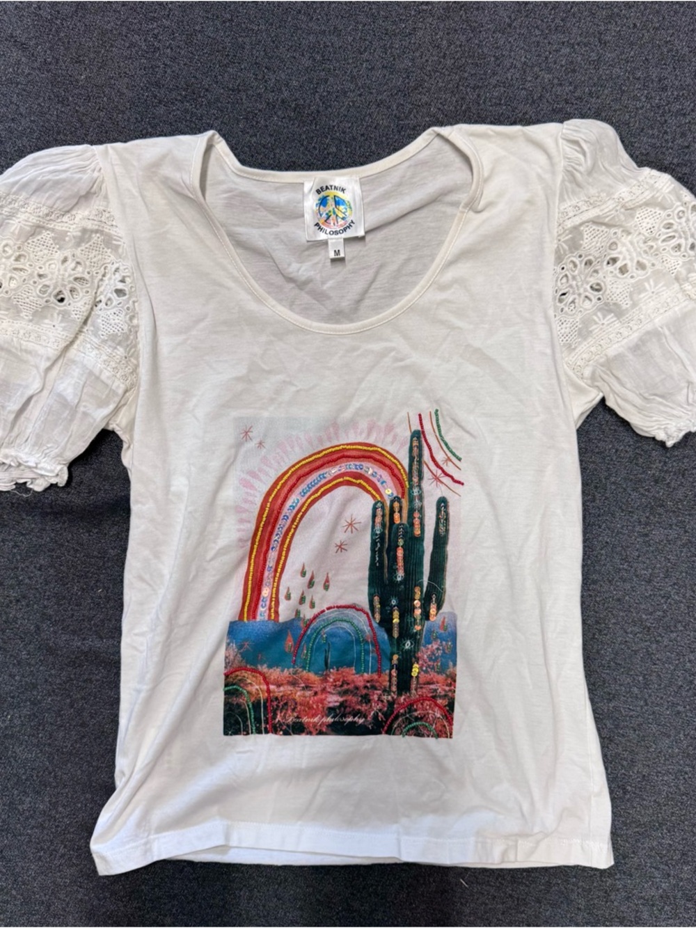 Philosophy White Tee with Rainbow Tie-Dye Peace Logo